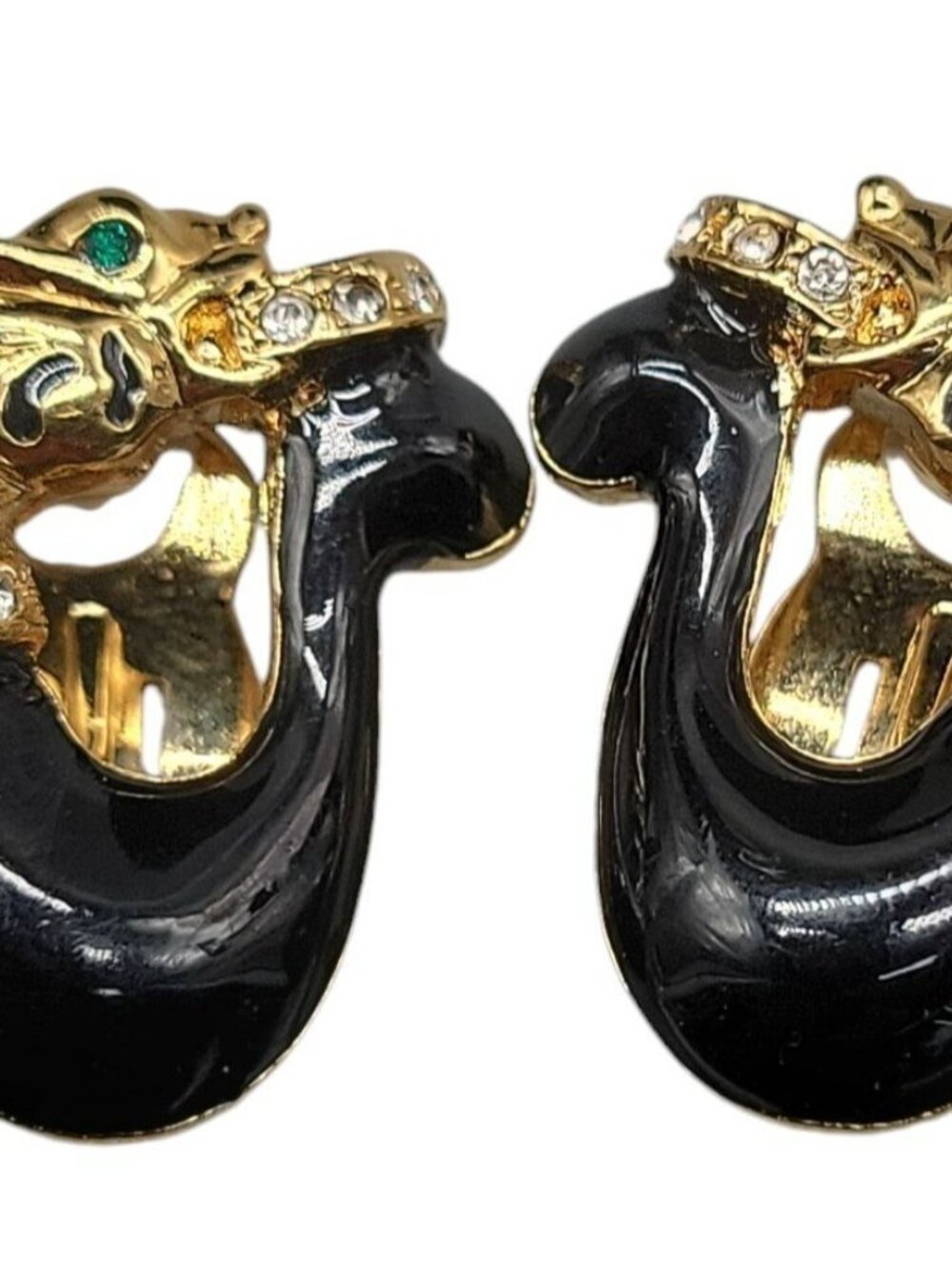 Jackie Collins Rare Clip On Earrings Figural Cougar Loop Black Enamel Rhinestone - Picture 7 of 12